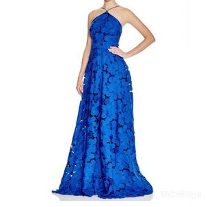 Badgley Mischka Cobalt Blue Floral Lace Halter Gown